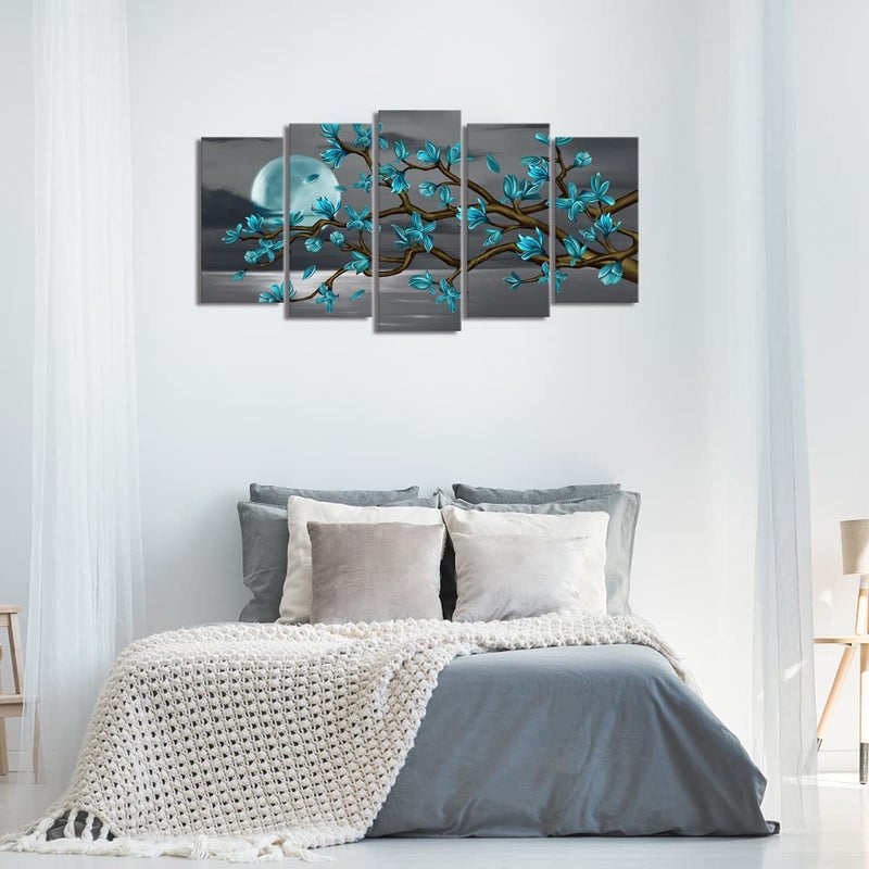 Visual Art Decor Turquoise Flower Tree Wall Art Large Canvas Wall Art Framed for Living Room Bedroom Teal Bedroom Decoration, Large 5 Pieces, Overall 60inchx32inch - Image 3